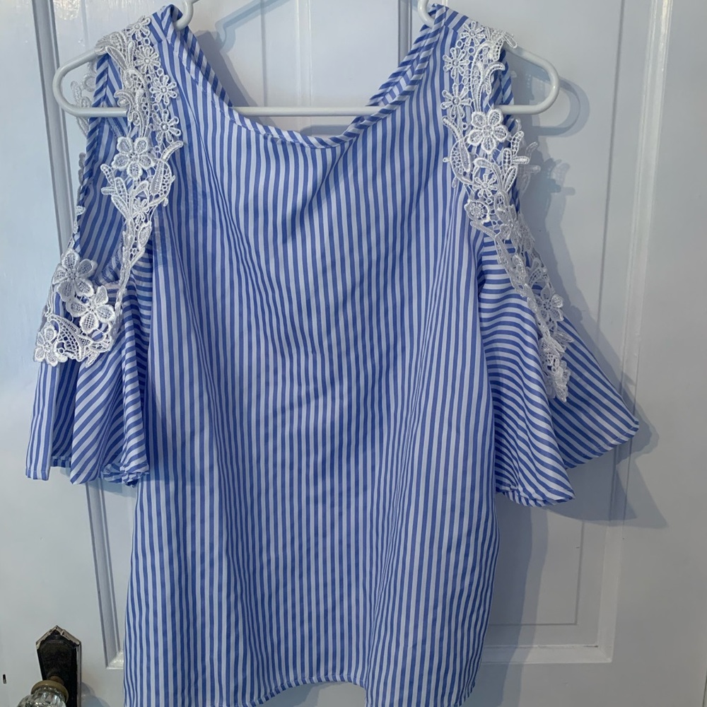 Blue and white striped open shoulder shirt